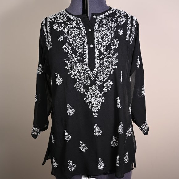 Sheer Black Embroidered Top with Sequins - Size M - Picture 1 of 5